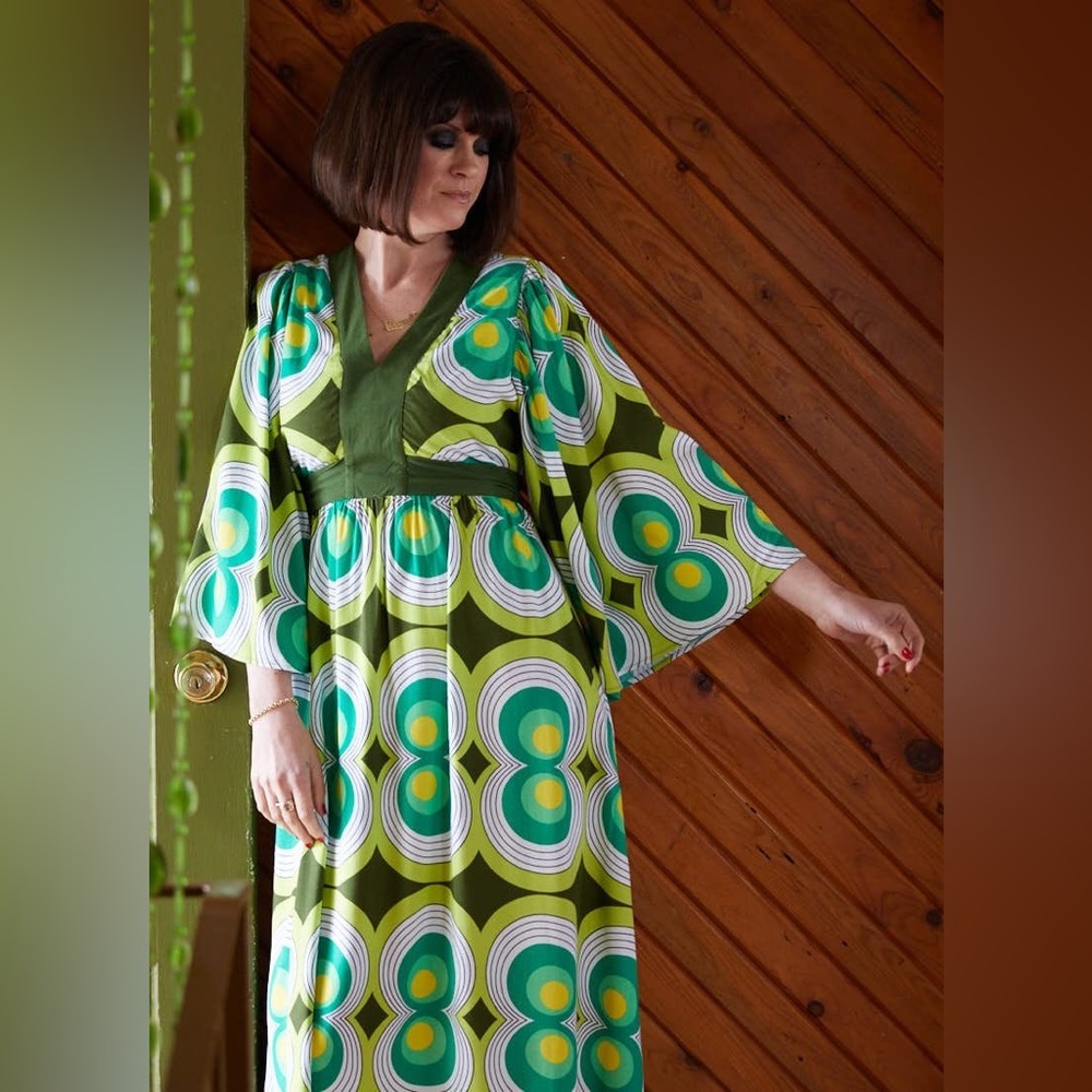 EUC Dawn O’Porter X Joanie Sunrise Retro Optical Print Midaxi Dress US Size 10